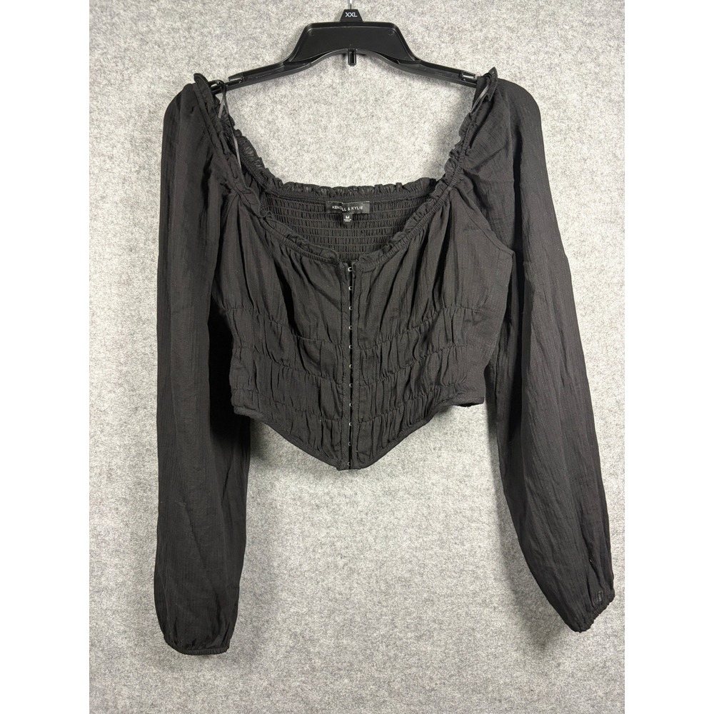 Kendall & Kylie Black Cotton Hook & Eye Smocked Corset Crop Top Long Sleeve M